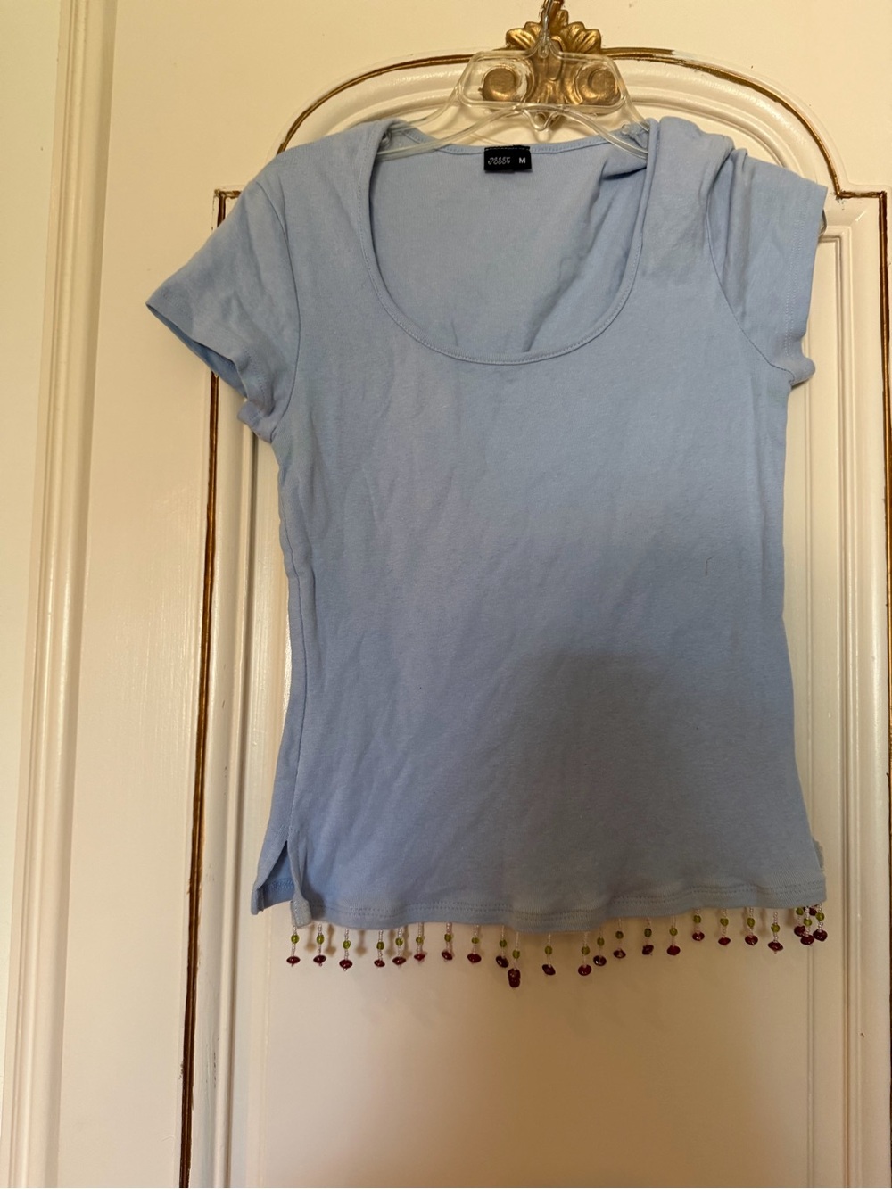 Light Blue Scoop Neck Short Sleeve Top with Beaded Hem